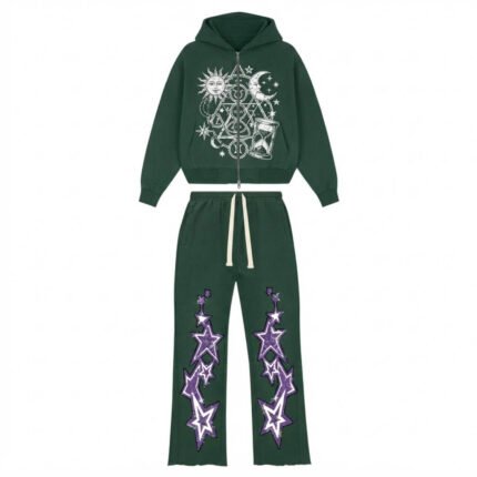 Green Star Embroidery Zip-Up Hoodie & Wide Leg Tracksuit Set for Streetwear, Casual & Lifestyle Wear