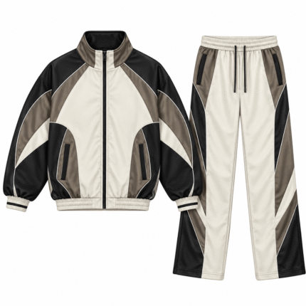 Black & Beige Windbreaker Set – Color Block Track Suit for Sports, Training & Streetwear