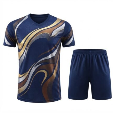Custom Navy Blue & Gold Sublimated Table Tennis Uniform – Performance Jersey & Shorts Set