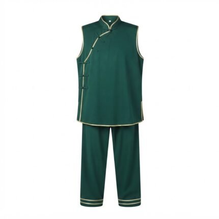 Custom Green Tai Chi Martial Arts Uniform Set with Mandarin Collar & Gold Trim – Training Outfit