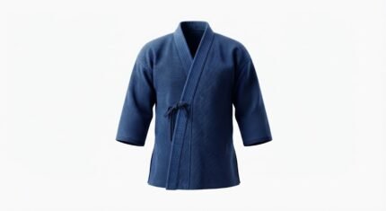 Custom Navy Blue Kendo Martial Arts Jacket with Wrap Front, Textured Fabric & Traditional Tie Closure