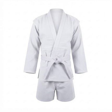 Custom White Sambo Martial Arts Uniform Set with Reinforced Shoulder Panels, Belt & Training Shorts