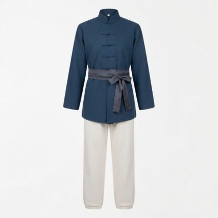Custom Navy Blue & White Tai Chi Martial Arts Uniform with Mandarin Collar, Frog Closures & Waist Sash