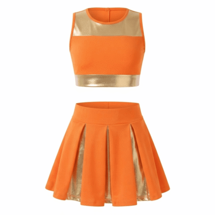 Custom Orange & Gold Cheerleading Uniform Set – Crop Top & Pleated Cheer Skirt